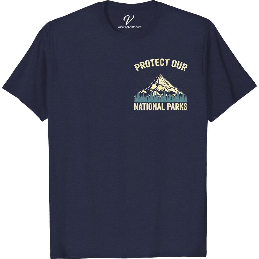 National Parks T-Shirt: Mountain & Trees Design - Eco-Friendly Style Embrace the spirit of exploration with our National Parks T-Shirt, featuring a stunning Mountain & Trees Design. This Eco-Friendly Style vacation shirt is outdoor adventure clothing at its best. Crafted for hiking, inspired by nature, and reflective of sustainable fashion, it's the must-have wilderness theme apparel.