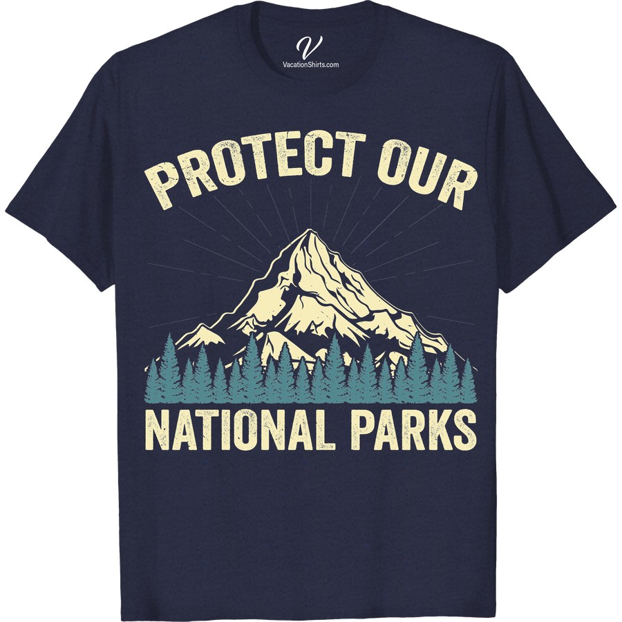 National Parks T-Shirt: Mountain & Trees Design - Eco-Friendly Style Embrace the spirit of exploration with our National Parks T-Shirt, featuring a stunning Mountain & Trees Design. This Eco-Friendly Style vacation shirt is outdoor adventure clothing at its best. Crafted for hiking, inspired by nature, and reflective of sustainable fashion, it's the must-have wilderness theme apparel.