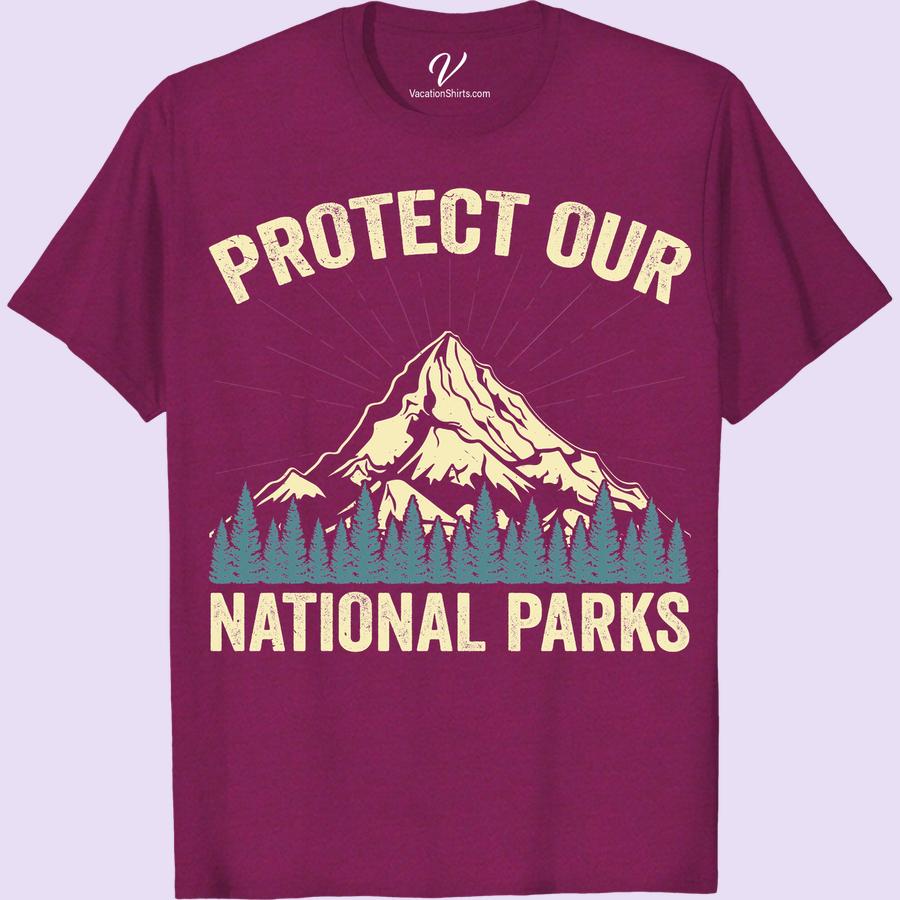 National Parks T-Shirt: Mountain & Trees Design - Eco-Friendly Style Embrace the spirit of exploration with our National Parks T-Shirt, featuring a stunning Mountain & Trees Design. This Eco-Friendly Style vacation shirt is outdoor adventure clothing at its best. Crafted for hiking, inspired by nature, and reflective of sustainable fashion, it's the must-have wilderness theme apparel.