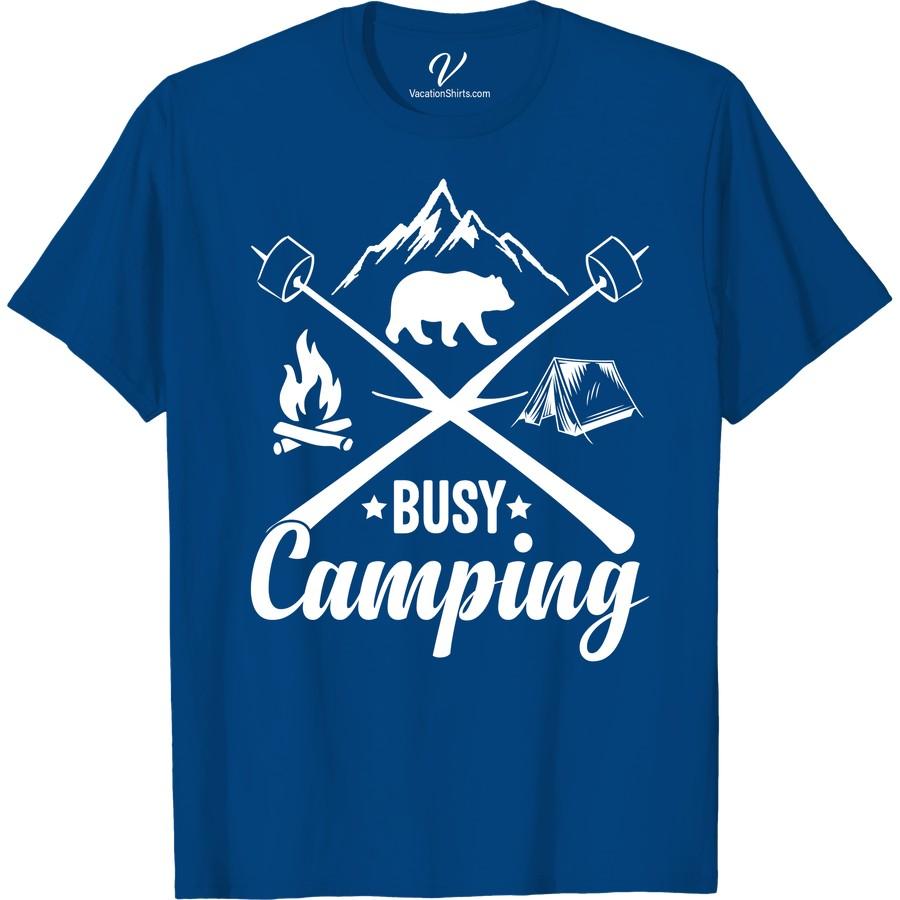 Camping Adventure Tee: Busy Camping with Mountains & Bear Design Step into the wild with our Camping Adventure T-Shirt – Busy Camping Tee. This mountain camping shirt with a stunning Bear design captures the thrill of outdoor adventures. A must-have hiking shirt with a bear design; it's more than camping gear clothing, it's a wilderness T-shirt for all nature lovers.