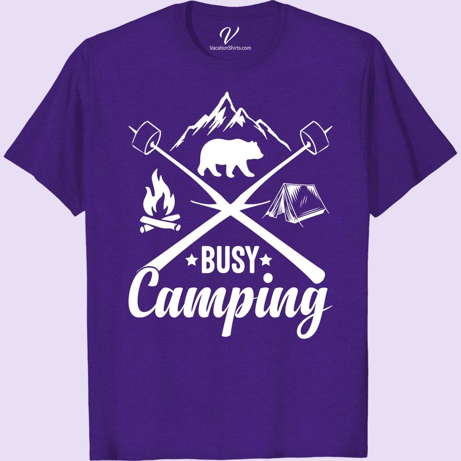 Camping Adventure Tee: Busy Camping with Mountains & Bear Design Step into the wild with our Camping Adventure T-Shirt – Busy Camping Tee. This mountain camping shirt with a stunning Bear design captures the thrill of outdoor adventures. A must-have hiking shirt with a bear design; it's more than camping gear clothing, it's a wilderness T-shirt for all nature lovers.