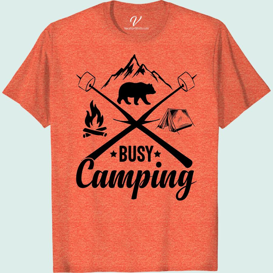 Camping Adventure Tee: Busy Camping with Mountains & Bear Design Step into the wild with our Camping Adventure T-Shirt – Busy Camping Tee. This mountain camping shirt with a stunning Bear design captures the thrill of outdoor adventures. A must-have hiking shirt with a bear design; it's more than camping gear clothing, it's a wilderness T-shirt for all nature lovers.