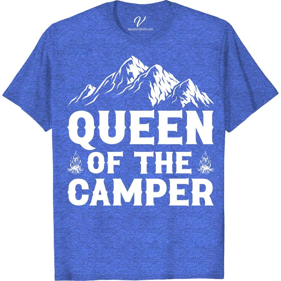 Camping T-Shirt: Queen of the Camper with Mountain & Campfire Design Embrace your inner wilderness royalty with our Camping Queen T-shirt. Our Queen of the Camper Tee showcases an alluring Mountain and Campfire design. This Women's Camping T-shirt is a must-have outdoor adventure t-shirt for any nature lover. Make camping fashionable with this Forest Camping Apparel!