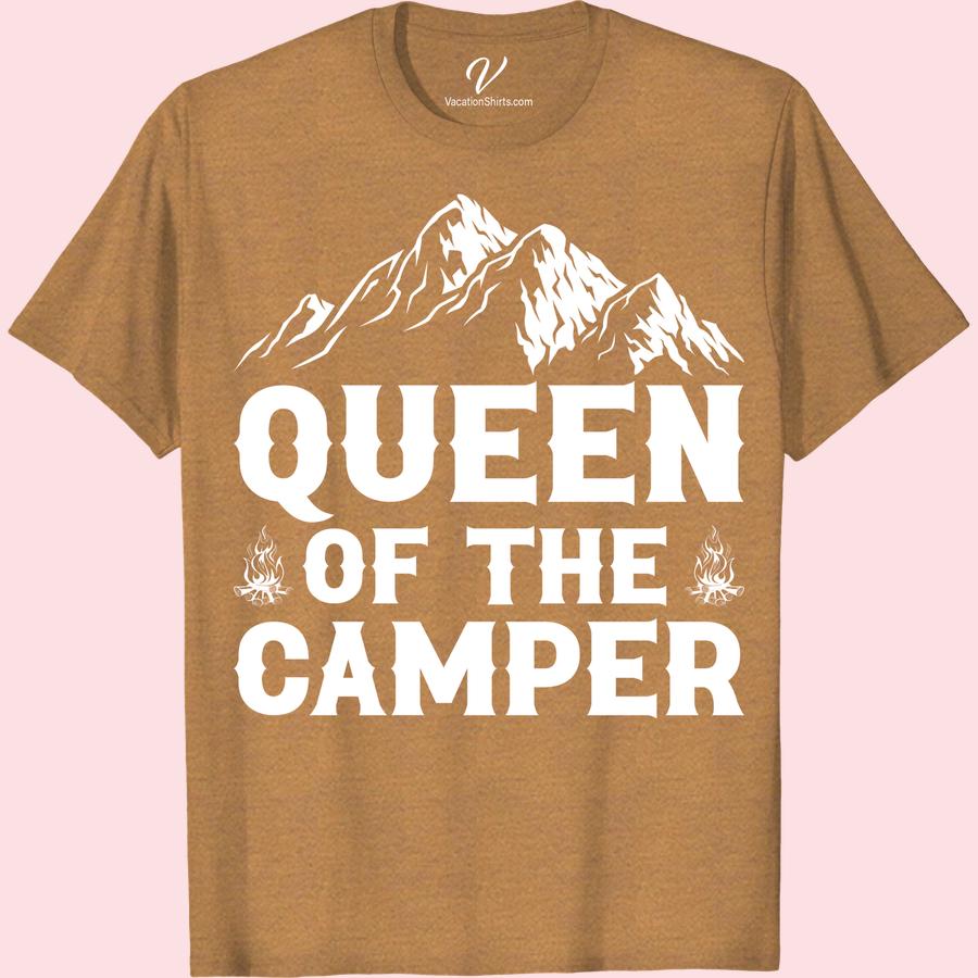 Camping T-Shirt: Queen of the Camper with Mountain & Campfire Design Embrace your inner wilderness royalty with our Camping Queen T-shirt. Our Queen of the Camper Tee showcases an alluring Mountain and Campfire design. This Women's Camping T-shirt is a must-have outdoor adventure t-shirt for any nature lover. Make camping fashionable with this Forest Camping Apparel!