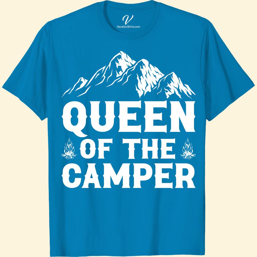 Camping T-Shirt: Queen of the Camper with Mountain & Campfire Design Embrace your inner wilderness royalty with our Camping Queen T-shirt. Our Queen of the Camper Tee showcases an alluring Mountain and Campfire design. This Women's Camping T-shirt is a must-have outdoor adventure t-shirt for any nature lover. Make camping fashionable with this Forest Camping Apparel!