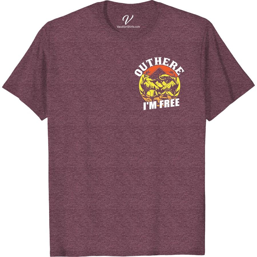 Adventure T-Shirt: OUTHERE I'M FREE - Mountains & Moon Design Embrace the call of the wilderness with our 'Adventure T-Shirt: OUTHERE I'M FREE' featuring a stunning Mountains & Moon Design. Perfectly tailored for free spirits, this Outdoor Vacation T-Shirt doubles as a tasteful Hiking Graphic Tee, affirming it as a must-have in any Outdoor Adventure Apparel collection.