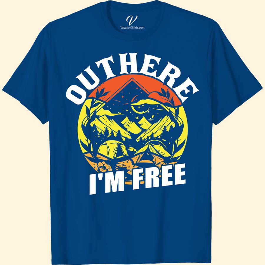 Adventure T-Shirt: OUTHERE I'M FREE - Mountains & Moon Design Embrace the call of the wilderness with our 'Adventure T-Shirt: OUTHERE I'M FREE' featuring a stunning Mountains & Moon Design. Perfectly tailored for free spirits, this Outdoor Vacation T-Shirt doubles as a tasteful Hiking Graphic Tee, affirming it as a must-have in any Outdoor Adventure Apparel collection.