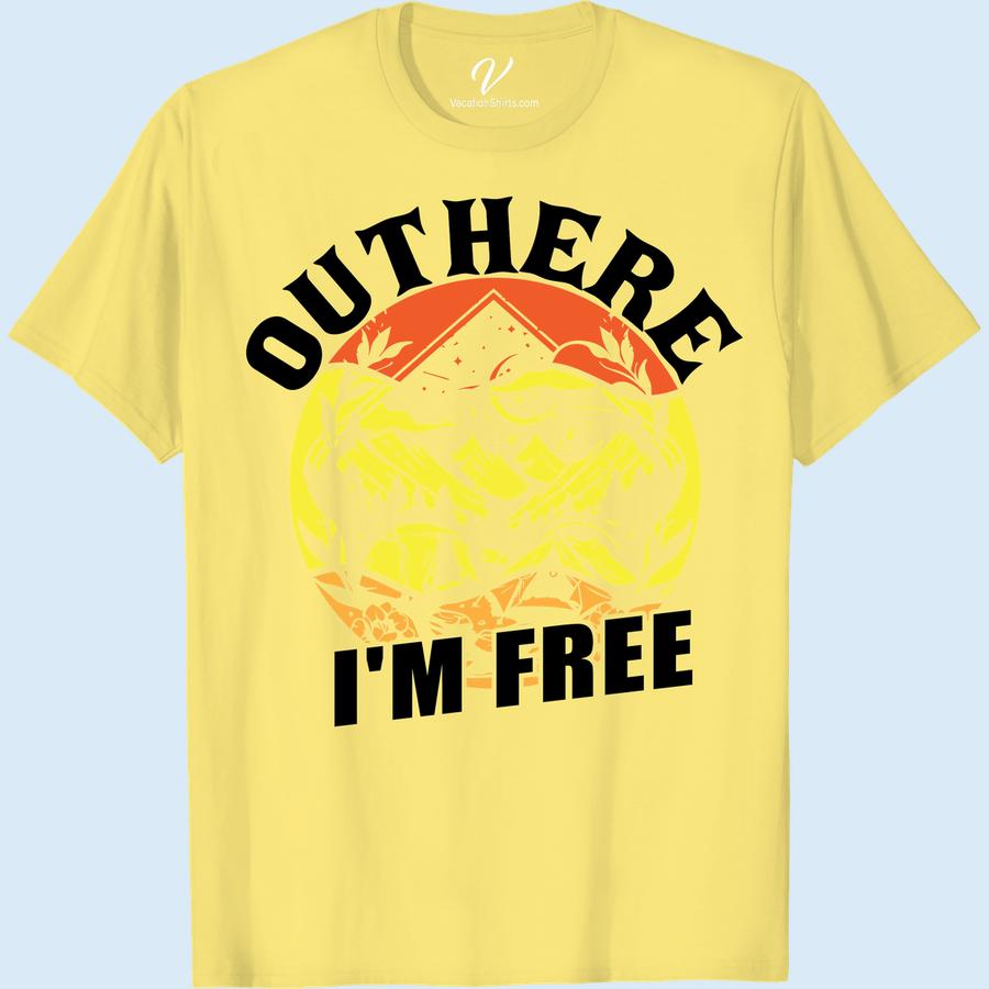 Adventure T-Shirt: OUTHERE I'M FREE - Mountains & Moon Design Embrace the call of the wilderness with our 'Adventure T-Shirt: OUTHERE I'M FREE' featuring a stunning Mountains & Moon Design. Perfectly tailored for free spirits, this Outdoor Vacation T-Shirt doubles as a tasteful Hiking Graphic Tee, affirming it as a must-have in any Outdoor Adventure Apparel collection.