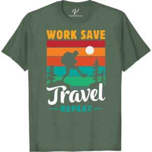 Travel Tee: Work Save Travel Repeat Hiker Silhouette Shirt  Unleash your inner explorer with our Travel Tee Shirts, featuring striking Hiker Silhouette Shirts. This Vacation Apparel elevates Traveler Clothing to new heights. Hit the trails with Adventure T-Shirts, Hiking Graphic Tees and Journey Tees from our Work Save Travel Repeat Apparel range. Our Explorer Shirts redefine Outdoor Adventure Clothing!