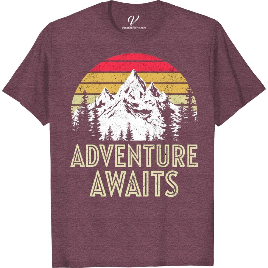 Vintage Adventure Awaits T-Shirt - Retro Mountain & Sunset Design Embrace the spirit of exploration with our 'Vintage Adventure Awaits T-Shirt'. Featuring a retro mountain & sunset design, this vintage travel tee is the perfect addition to any adventure-seeker's wardrobe. Express your love for outdoor exploration in this unique, adventure awaits shirt - where style meets spontaneity!