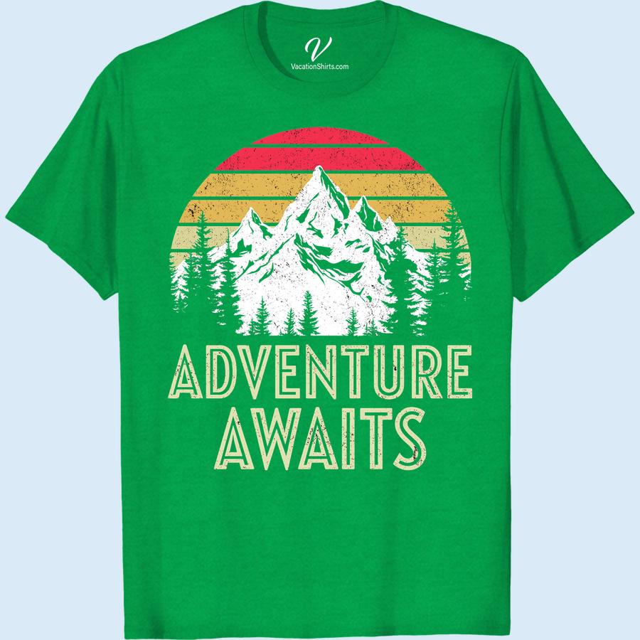 Vintage Adventure Awaits T-Shirt - Retro Mountain & Sunset Design Embrace the spirit of exploration with our 'Vintage Adventure Awaits T-Shirt'. Featuring a retro mountain & sunset design, this vintage travel tee is the perfect addition to any adventure-seeker's wardrobe. Express your love for outdoor exploration in this unique, adventure awaits shirt - where style meets spontaneity!