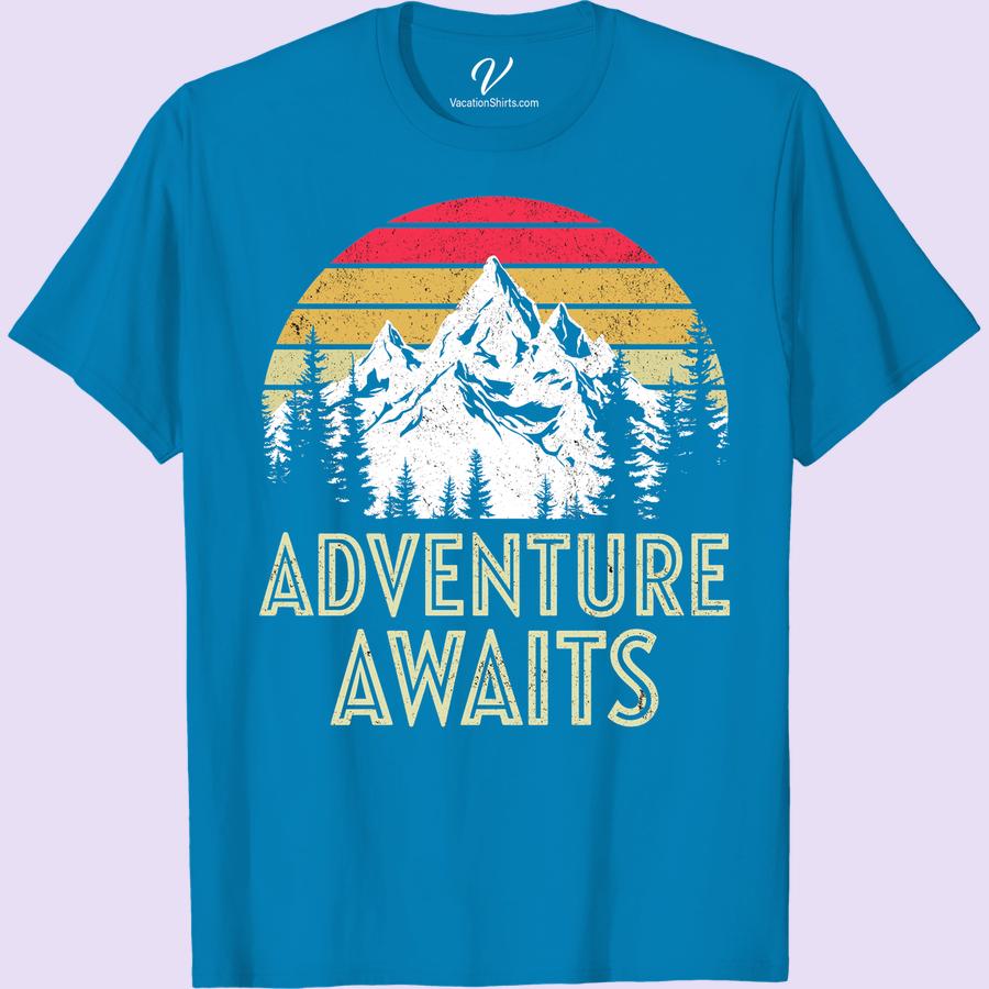 Vintage Adventure Awaits T-Shirt - Retro Mountain & Sunset Design Embrace the spirit of exploration with our 'Vintage Adventure Awaits T-Shirt'. Featuring a retro mountain & sunset design, this vintage travel tee is the perfect addition to any adventure-seeker's wardrobe. Express your love for outdoor exploration in this unique, adventure awaits shirt - where style meets spontaneity!