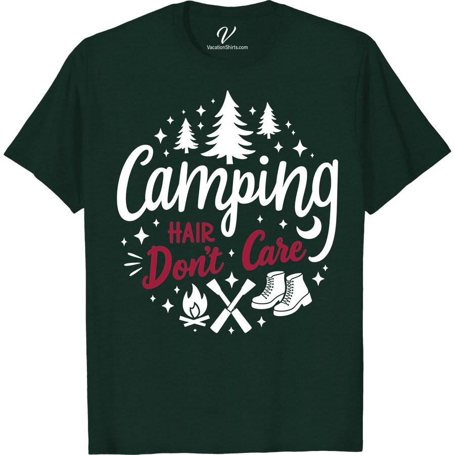 Camping Hair Tee - Pine Trees, Campfire & Hiking Boots Design Our Camping Hair T-Shirt with Pine Tree Design Tee celebrates the Wilderness in style. Adorned with distinctive Campfire & Hiking Boots Graphic Tee, this Outdoor Adventure T-Shirt is a must-have for any nature lover. A Trendy Hiking Tee and Unisex Camping Tee, it's your perfect Camping Gear Apparel.