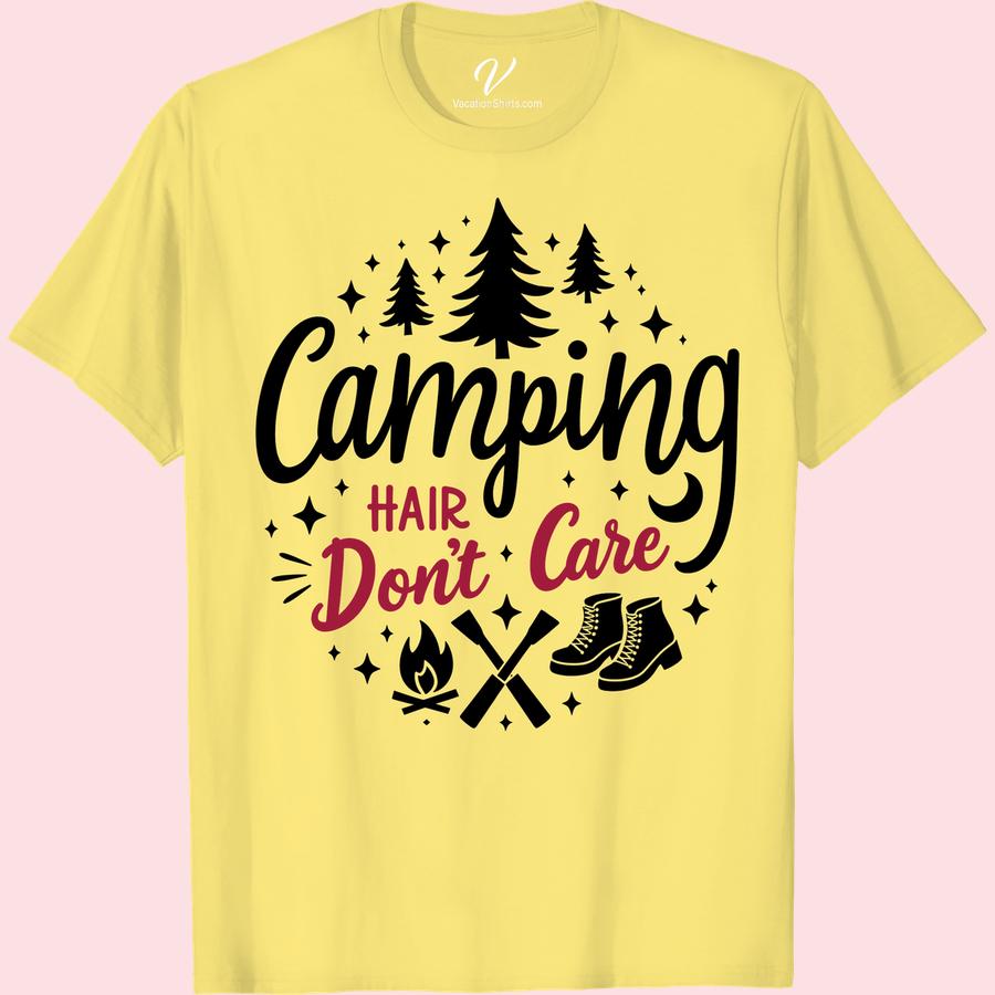 Camping Hair Tee - Pine Trees, Campfire & Hiking Boots Design Our Camping Hair T-Shirt with Pine Tree Design Tee celebrates the Wilderness in style. Adorned with distinctive Campfire & Hiking Boots Graphic Tee, this Outdoor Adventure T-Shirt is a must-have for any nature lover. A Trendy Hiking Tee and Unisex Camping Tee, it's your perfect Camping Gear Apparel.