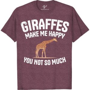 Giraffe Lover's Tee: Giraffes Make Me Happy Maroon T-Shirt  Unveiling our 'Giraffes Make Me Happy' Maroon T-Shirt, a must-have for all giraffe lovers! This unique giraffe design tee is not just a fashionable giraffe t-shirt, but perfect wildlife lover apparel. A graphic tee that makes it an excellent gift idea for giraffe enthusiasts. Dive into our giraffe-themed apparel and express your love in style!