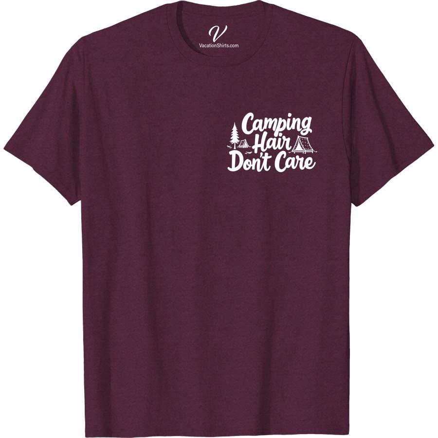 Camping Hair Tee - Fun Adventure Shirt with Tents & Pine Tree Design Embrace your wild side with our Camping Hair T-Shirt. Featuring a fun adventure tee design with quaint tents and serene pine trees, this forest camping tee is perfect for any outdoor enthusiast. Made for nature lovers, it's a nature-inspired tee that embodies the spirit of wilderness camping.