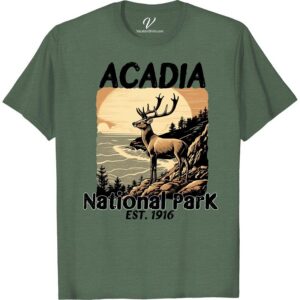 Acadia National Park Deer Sunset T-Shirt - EST. 1916 Adventure Tee  Revel in the majesty of nature with our 1916 Acadia Park Shirt! This Acadia National Park T-shirt features a serene deer sunset tee design for a truly timeless appeal. Represent your favorite adventure park with this national park clothing - a captivating sunset adventure tee that displays the enchanting wildlife of Acadia!