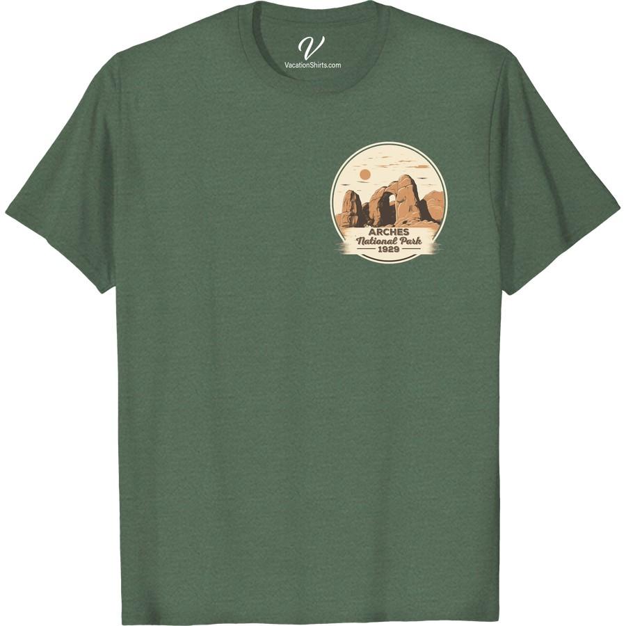 Vintage Arches National Park 1929 Tee - Sun & Rocks Design Show off your love for classic American landscapes with our Arches National Park Vintage Tee. A tribute to 1929, this Sun & Rocks Design Tee is a must-have for fans of National Park vintage t-shirts. Dive into the past with our retro, chic Vintage Vacation Tees featuring iconic Arches Park sun design.