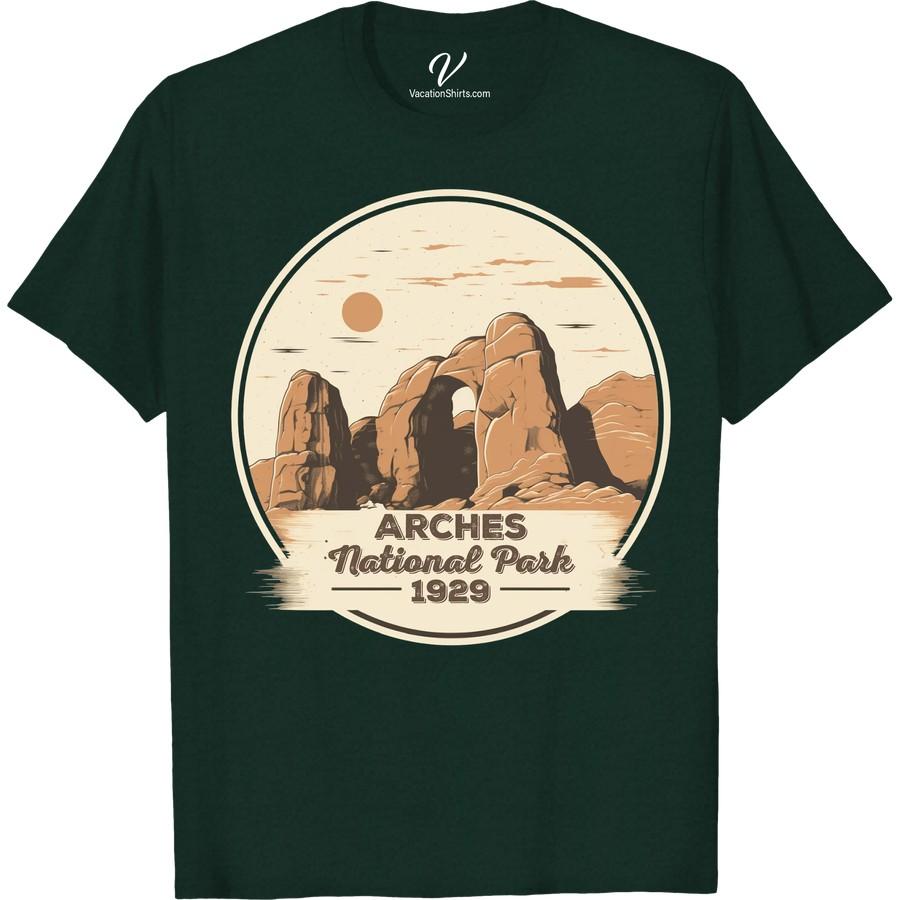 Vintage Arches National Park 1929 Tee - Sun & Rocks Design Show off your love for classic American landscapes with our Arches National Park Vintage Tee. A tribute to 1929, this Sun & Rocks Design Tee is a must-have for fans of National Park vintage t-shirts. Dive into the past with our retro, chic Vintage Vacation Tees featuring iconic Arches Park sun design.