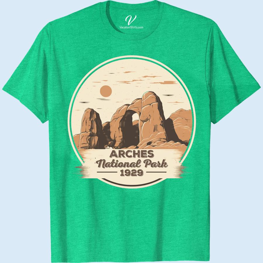 Vintage Arches National Park 1929 Tee - Sun & Rocks Design Show off your love for classic American landscapes with our Arches National Park Vintage Tee. A tribute to 1929, this Sun & Rocks Design Tee is a must-have for fans of National Park vintage t-shirts. Dive into the past with our retro, chic Vintage Vacation Tees featuring iconic Arches Park sun design.