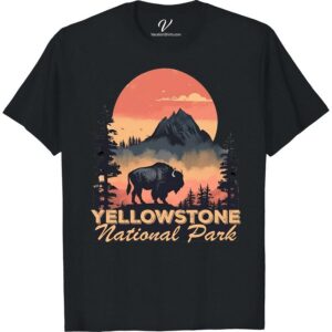 Yellowstone National Park Bison Sunset Tee - Adventure Ready  Embrace the spirit of wild exploration with our Bison Sunset Tshirt, a Yellowstone National Park Shirt that reflects your thirst for adventure. This Adventure Ready Tee, steeped in the stunning hues of a National Park Sunset, is the ideal Yellowstone Park Apparel to express your wanderlust.