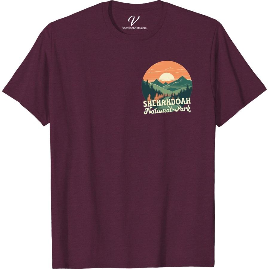 Shenandoah National Park Sunset T-Shirt – Nature Adventure Tee Experience the magic of twilight with our Shenandoah National Park Sunset T-Shirt. This Vacation T-Shirt is perfect for nature enthusiasts seeking outdoor adventure apparel. Celebrate the wilderness with our Shenandoah Sunset Tee, a modern essential in National Park Merchandise and Shenandoah Hiking Gear. Be an ambassador of nature's grandeur!