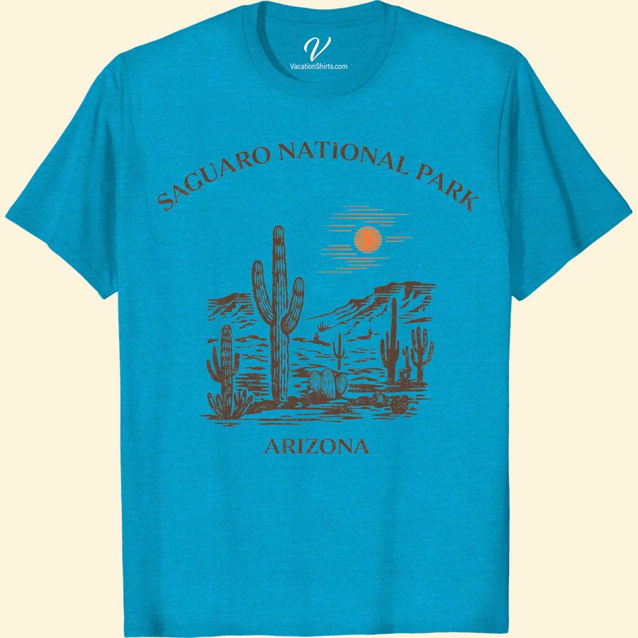 Saguaro National Park T-Shirt - Arizona Desert Adventure Tee Experience the thrill of Arizona's wild beauty with our Saguaro National Park T-Shirt. This Arizona Desert Adventure Tee is the perfect hiking trail t-shirt and souvenir of your desert adventure. Display your love for saguaro cacti and embrace your wanderlust with this National Park apparel - your new favorite Arizona hiking apparel.